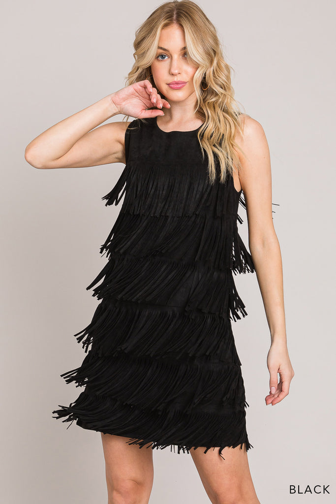 Black Fringe Vegan Suede Dress