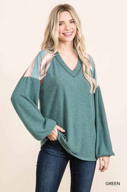 Brushed Color Block Green Top
