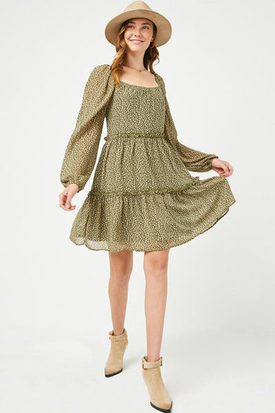 Olive Tiered Ditsy Floral Long Sleeve Dress