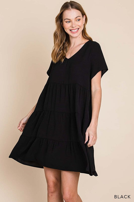V Neck Tiered Babydoll Dress - Black