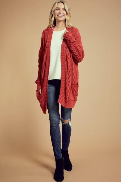 Rust Chunky Open Cardigan with Pockets