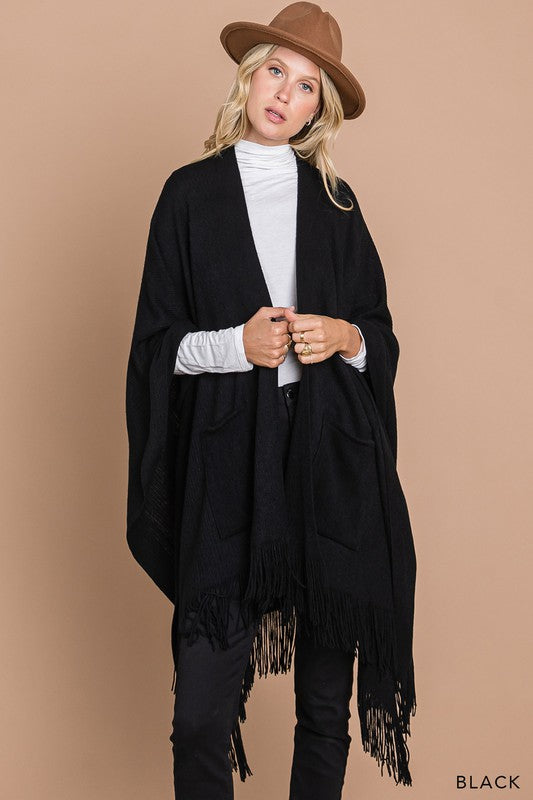 Fringe Open Duster Shawl - Black