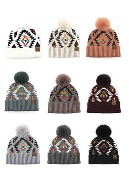 CC Aztec Print Beanie Hat with Pom