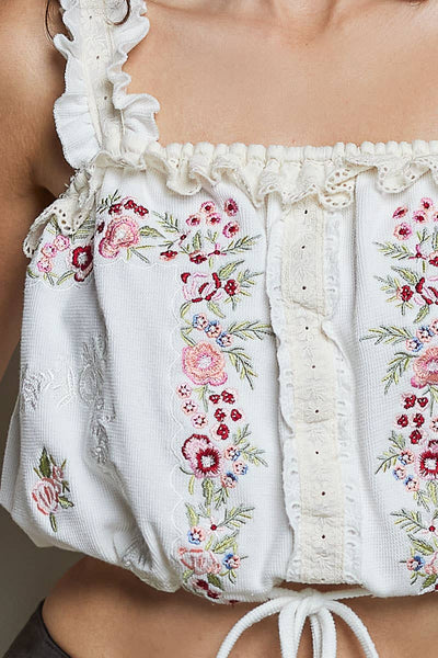 Pol Clothing - Square Neck Denim Thermal Embroidery Ruffle Crop Top