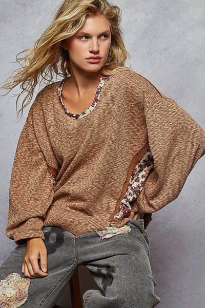 Oversized Ribbed Floral Contrast Top - Chocolate