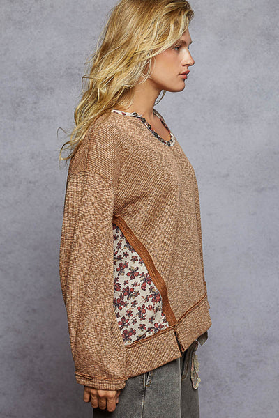 Oversized Ribbed Floral Contrast Top - Chocolate