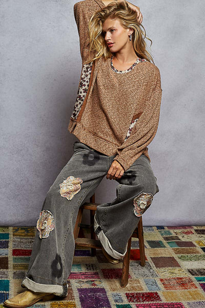 Oversized Ribbed Floral Contrast Top - Chocolate