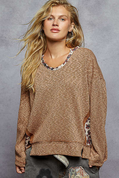 Oversized Ribbed Floral Contrast Top - Chocolate