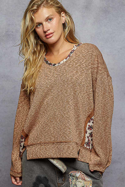 Oversized Ribbed Floral Contrast Top - Chocolate