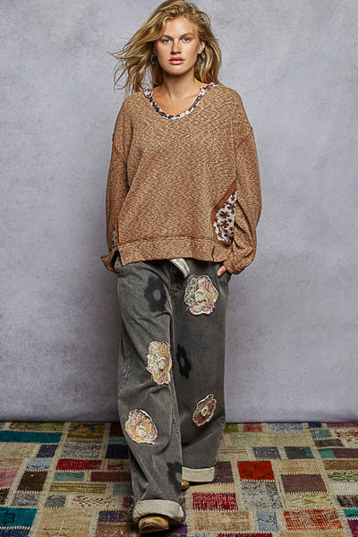 Oversized Ribbed Floral Contrast Top - Chocolate