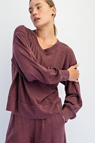 Mineral Washed Cotton V-Neck Long Sleeve Top
