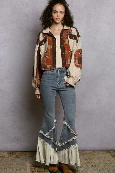 Balloon Sleeve Paisley Pattern Cropped Jacket