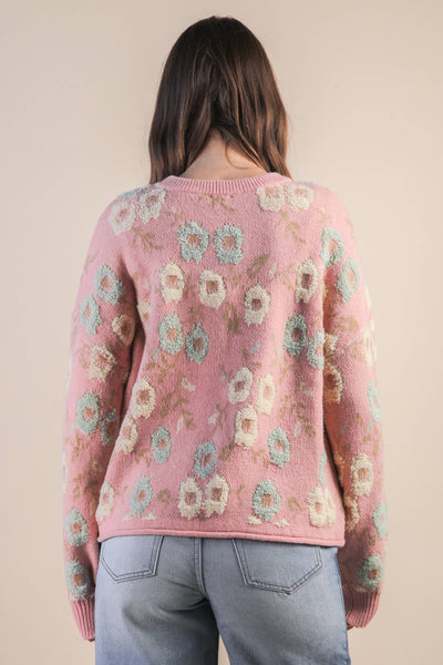 VERY J - 12W3428N-Oversized Floral Textured Printed Knit Sweater Top