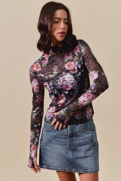 Floral Lace Fitted Top - Black