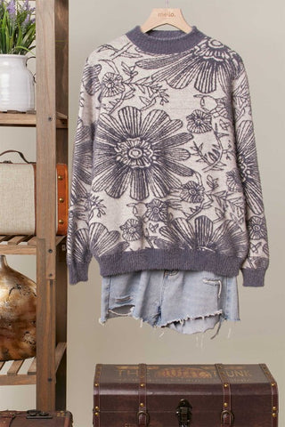 Grey Contrast Trim Crew Floral Knit Sweater