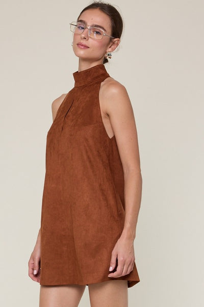 Camel Suede Turtle Neck Cutout Mini Dress