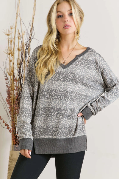 Animal Print Loose Fit V Neck Top