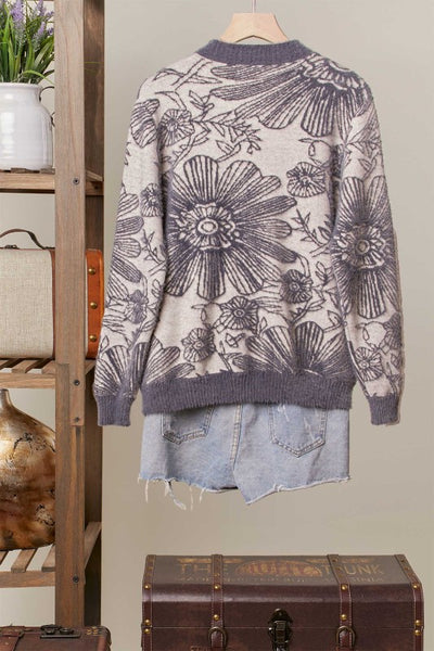 Grey Contrast Trim Crew Floral Knit Sweater