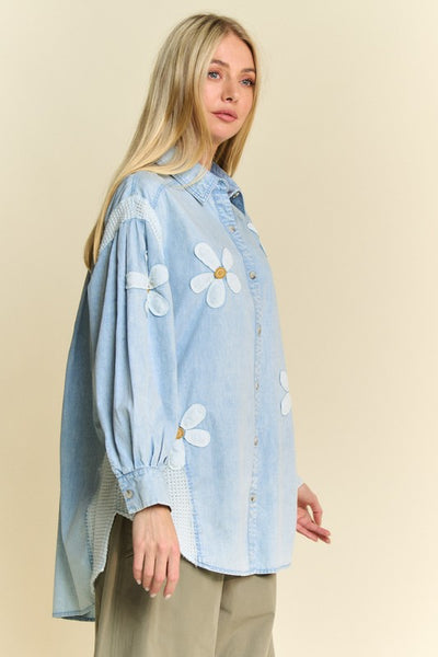 Chambray Fun Daisy Patched Waffle Knit Contrast Top