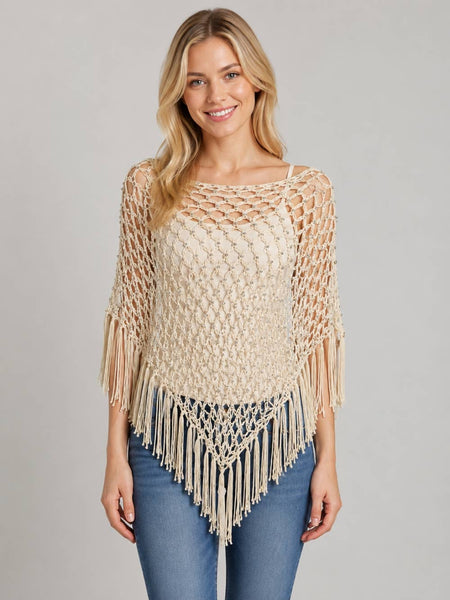 Dreamers by Debut - Open Knit Crochet Beaded Poncho- STA4404-B