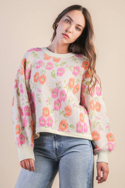 VERY J - 12W3428N-Oversized Floral Textured Printed Knit Sweater Top