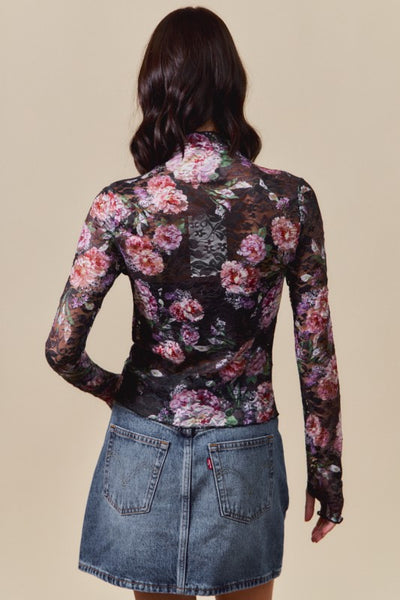 Floral Lace Fitted Top - Black