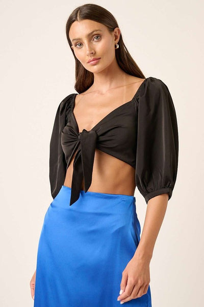 Satin Tie Front Crop Blouse - Black