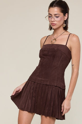 Suede Brown Pleated Mini Dress