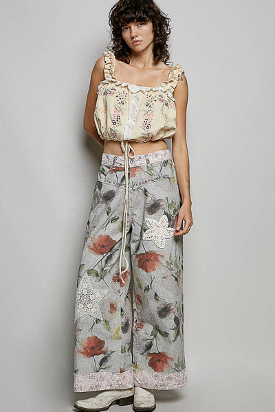 Pol Clothing - Square Neck Denim Thermal Embroidery Ruffle Crop Top
