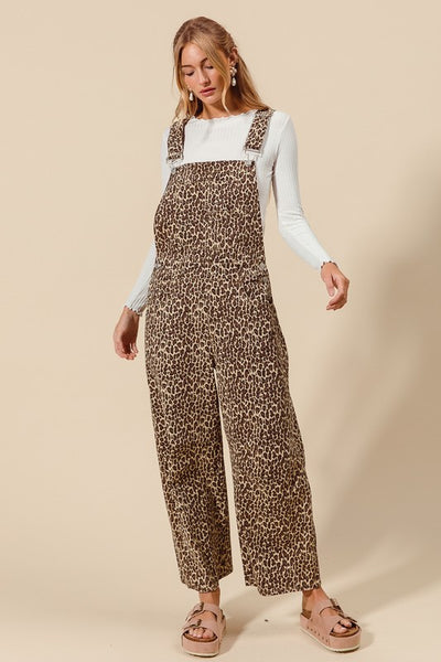 Leopard Twill Denim Slouchy Barrel Overalls
