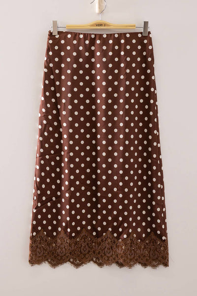 VERY J - NS50228-Polka Dot Lace Trim Satin Midi Skirt
