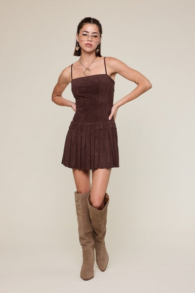 Suede Brown Pleated Mini Dress