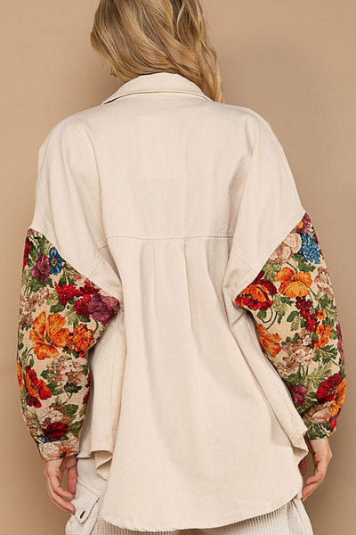 Contrast Jacquard Sleeve Button Down Shacket