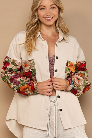 Contrast Jacquard Sleeve Button Down Shacket