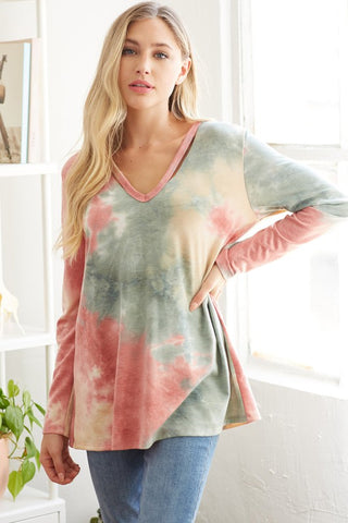Tie Dye V Neck Long Sleeve Top