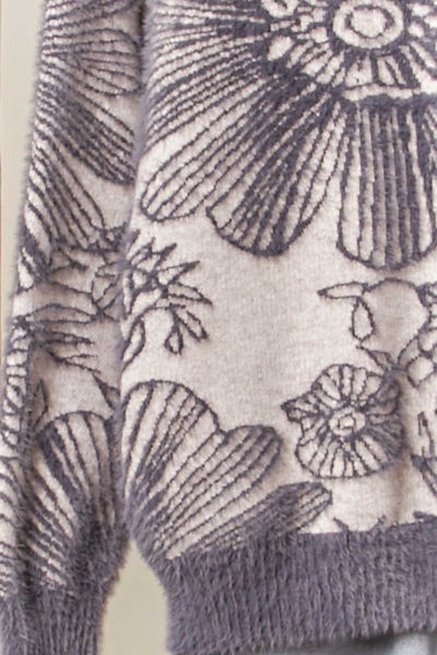 Grey Contrast Trim Crew Floral Knit Sweater