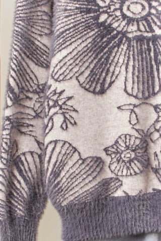 Grey Contrast Trim Crew Floral Knit Sweater