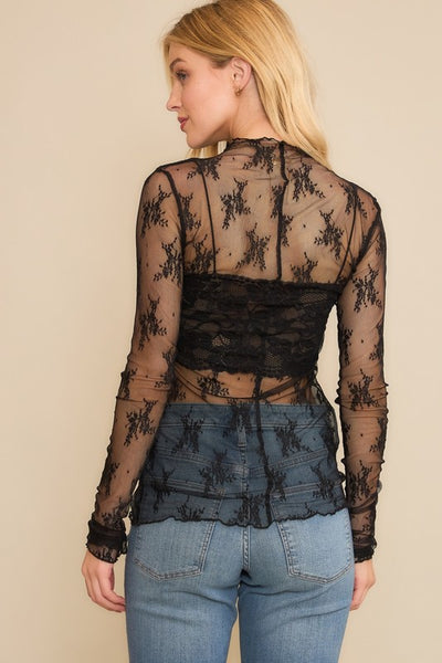 Mesh Lace High Neck Fitted Top
