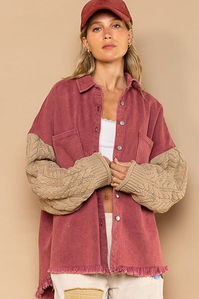Contrast Sweater Sleeve Button Down Shacket