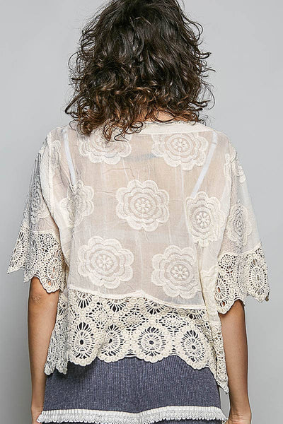 Pol Clothing - Crochet Trim Neckline Short Sleeve Jacket Top