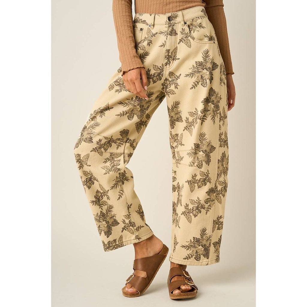 mittoshop - FLORAL PRINT BARREL LEG COTTON TWILL PANTS