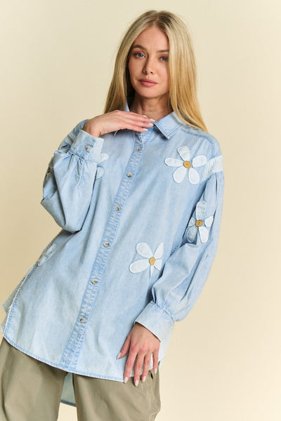 Chambray Fun Daisy Patched Waffle Knit Contrast Top