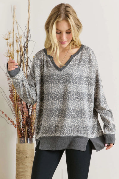 Animal Print Loose Fit V Neck Top