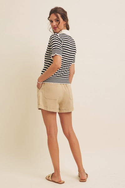 Textured Cotton Collared Striped Sweater Top