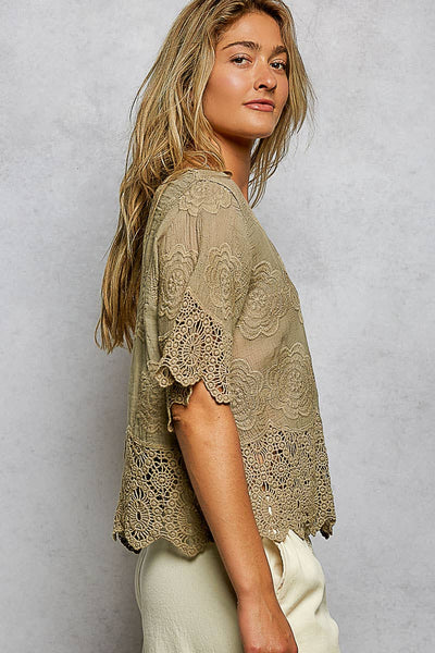 Pol Clothing - Crochet Trim Neckline Short Sleeve Jacket Top