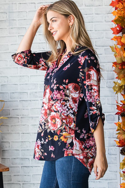 Floral Collared V Neck Top