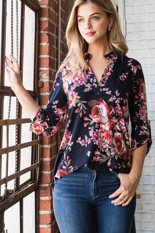 Floral Collared V Neck Top