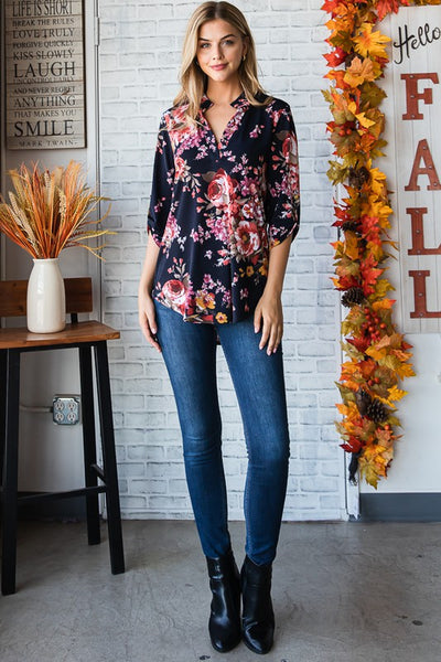 Floral Collared V Neck Top