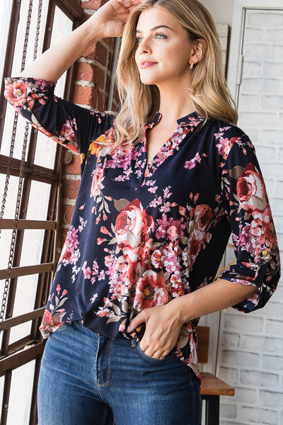 Floral Collared V Neck Top