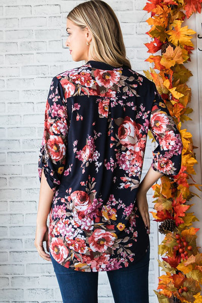 Floral Collared V Neck Top